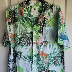Mens Hawaiian Shirt Button Down Iguana Parrot Tropical Sz XL